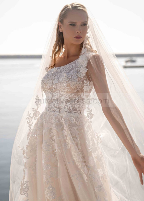 One Shoulder Ivory Lace Tulle Glitter Wedding Dress